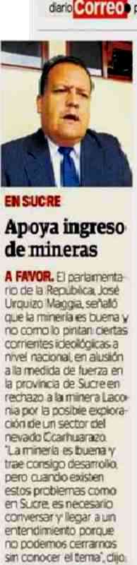 Urquizo apoya mineria Sucre
