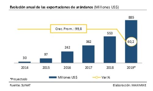 evolucion exportaciones arandanos 2014 2019