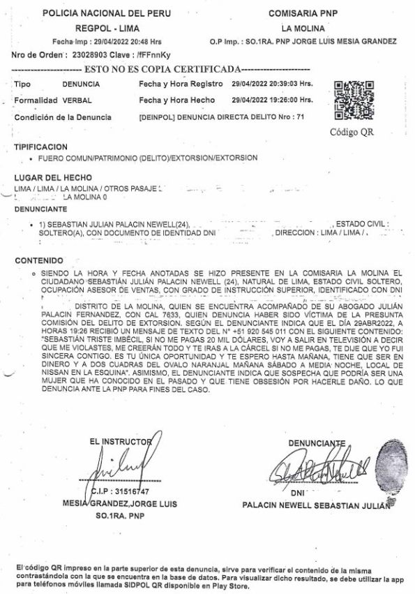 DENUNCIA PNP extorsion Sebastian Palacin